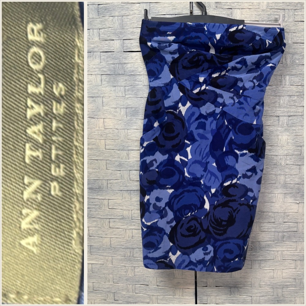 Ann Taylor Petites 00P Strapless Blue Floral Sheath‎ Dress